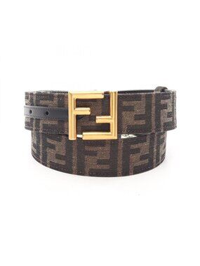 Fendi Belt FF Logo Buckle Gold Reversible Black Brown Canvas Leather